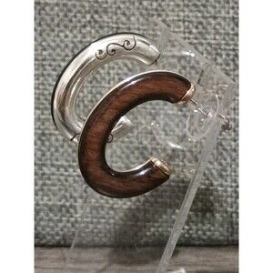 Brighton Double Sided Etched Silver Tone Wood Grain Hoop Vintage Earrings